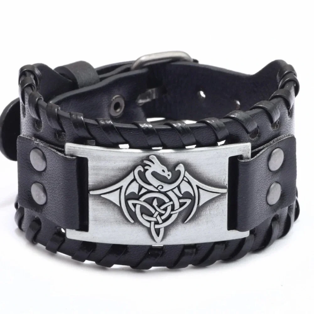 Men's Style Alloy Totem Charm Braided Leather Bracelet Wide Wristband